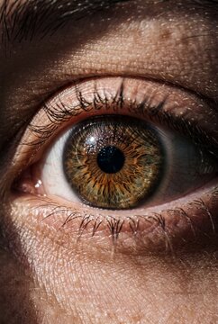 Extreme macro shot of a human hazel eye showing intricate iris patterns and eyelashes