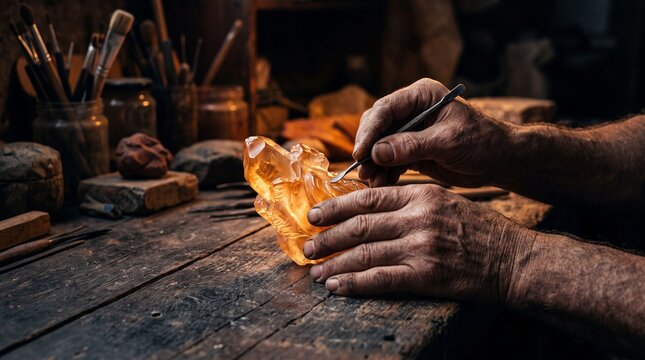 Artisan hands carving a glowing amber sculpture in a rustic workshop