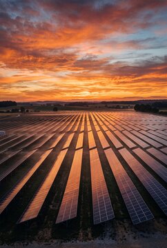 Aerial view of a large solar panel farm at sunset with a vibrant orange sky and morning mist over the rural landscape