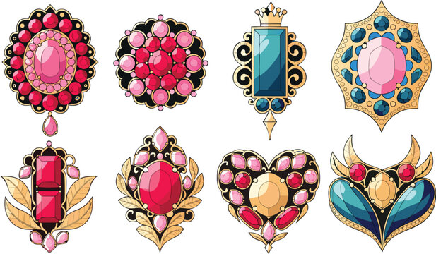 A collection of seven ornate jewel brooches with gems displayed on a white background