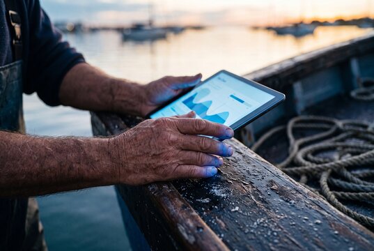 Fisherman using digital tablet to analyze data charts on a boat at sunset