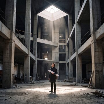 Architect holding blueprints standing in the center of a massive unfinished concrete building looking up at a dramatic beam of light from a skylight