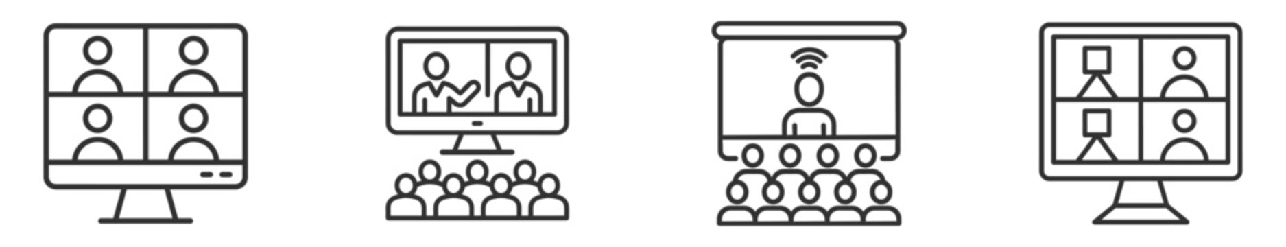 online meeting and webinar icons set in line style for digital conference and virtual event on transparent background