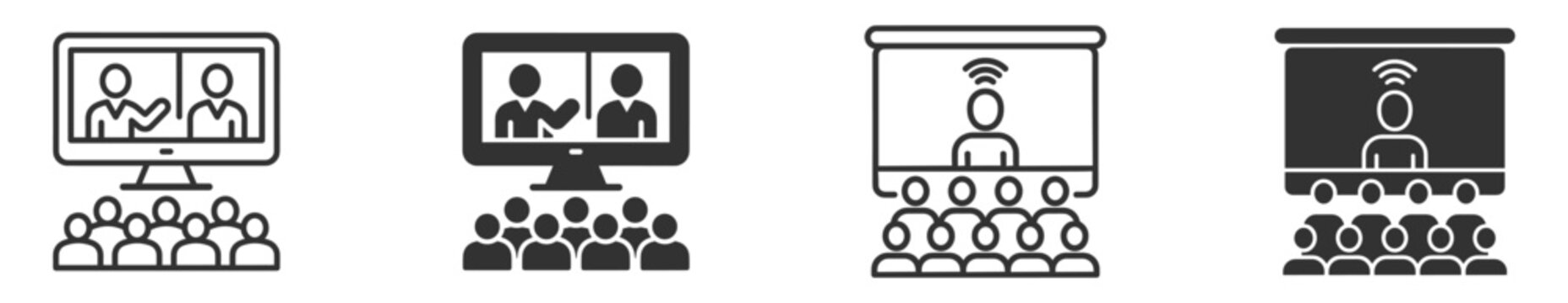 set of four video conference and webinar icons in outline and solid style on transparent background