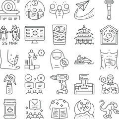 Fototapeta premium Set of thin line icons illustrating diverse concepts including technology, health, fitness, lifestyle, business, food, tool, and travel activities on a white background