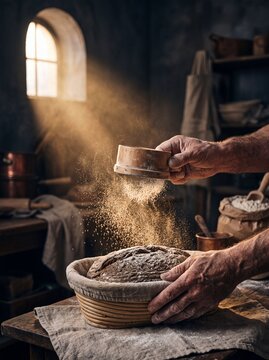 Baker's hands sifting flour over a sourdough loaf in a traditional rustic kitchen with dramatic window light