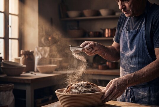 Senior male baker in a blue apron sifting flour over a fresh sourdough loaf in a rustic kitchen with warm natural light