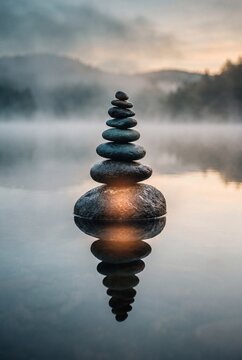 Zen stone pyramid balanced on calm water with reflection in a misty lake at sunrise