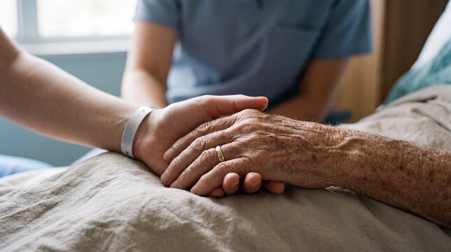 Close-up of a young person holding an elderly patient's hand in a hospital, showing support and care