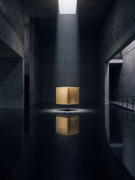 Levitating Golden Cube in a Dark Brutalist Concrete Hall with Dramatic Skylight Illumination