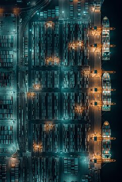 Aerial top-down view of an industrial container port at night with ships and cranes