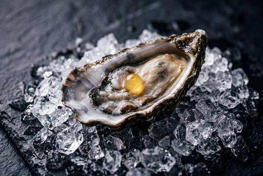 Fresh raw oyster with a golden sauce sphere served on crushed ice over a dark slate background