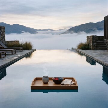 Luxury floating breakfast tray in an infinity pool with mountain and cloud views