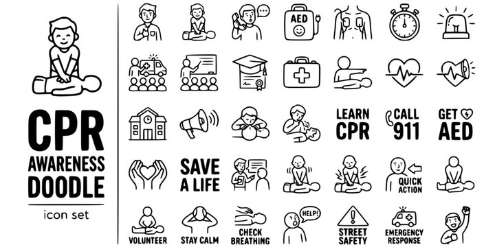 CPR Awareness Campaign Doodle Black White-Bystander Hero AED Save Life-Community Vector-Awareness Icon Doodle-CPR Design Set
