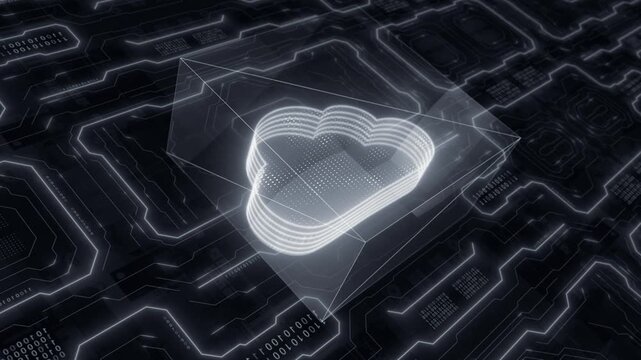 White color 3d glowing cloud storage data animated logo motherboard data transfer digital document hi tech futuristic design black technology 3D background 