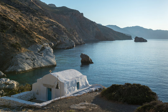 Sunrise at Agia Anna Beach with Seaside White Chapel, Amorgos, Greece