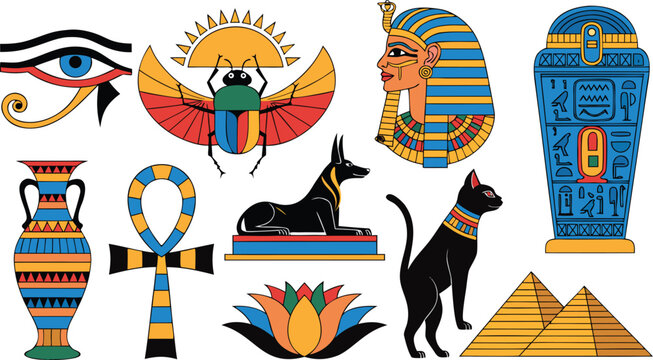 Ancient Egyptian symbols and artifacts on display outdoors in museum