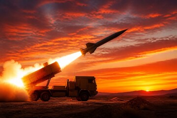 Fototapeta premium A missile is being launched from a truck in an open area during sunset. The sky is filled with orange and red colors as the missile takes off into the air.