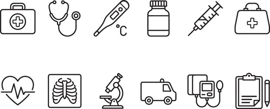 Medical and healthcare set featuring essential hospital equipment and diagnostic tools for doctors and patients in a clean minimalist style