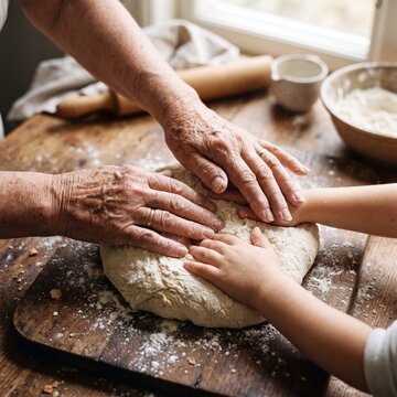 Grandmother and grandchild kneading bread dough together on a rustic wooden table