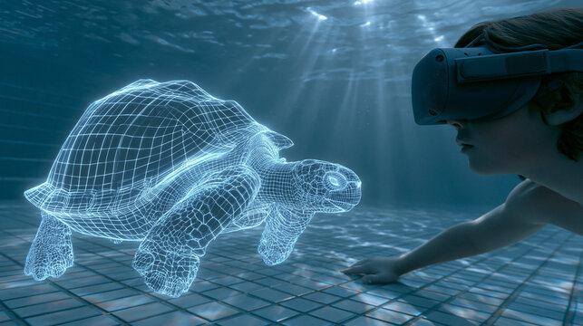 Crian&ccedil;a usando &oacute;culos de realidade virtual debaixo d'&aacute;gua em uma piscina, observando o holograma "digital twin" de uma tartaruga-de-gal&aacute;pagos. Conceito imersivo de educa&ccedil;&atilde;o do futuro e aula de biologi
