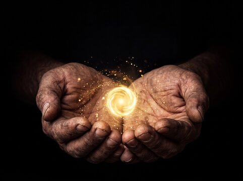 Weathered hands cupping a glowing golden energy orb with sparkling particles against a black background