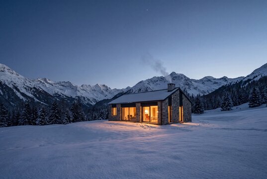 Cozy modern stone chalet in a snowy mountain landscape at twilight with glowing windows and smoking chimney
