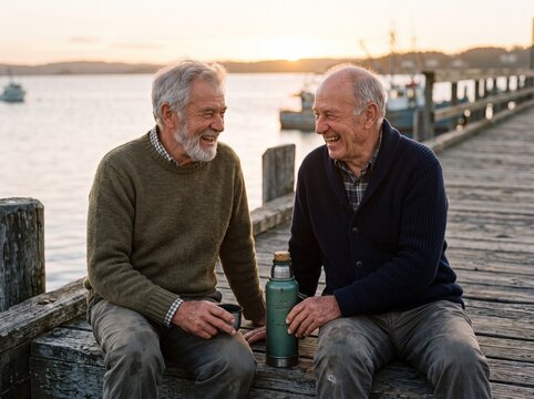 Two happy senior men laughing and sharing a hot drink from a thermos while sitting on a wooden pier at sunset
