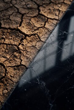 Contrast between dry cracked earth and polished black marble surface representing nature and luxury