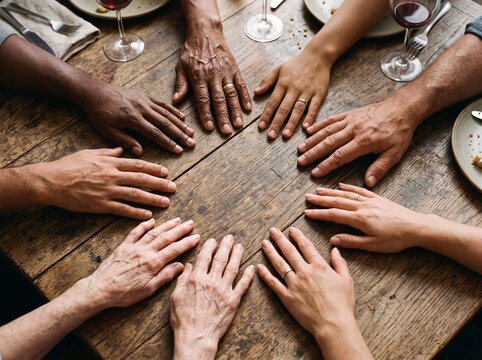 Multi-ethnic and multi-generational hands form a circle on a rustic wooden table, symbolizing unity and family connection