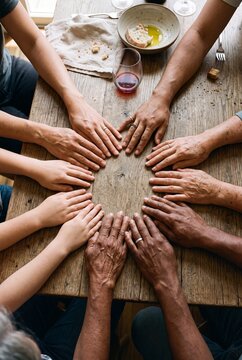 Multi-generational and diverse group of people placing their hands in a circle on a rustic wooden dining table, symbolizing unity and togetherness