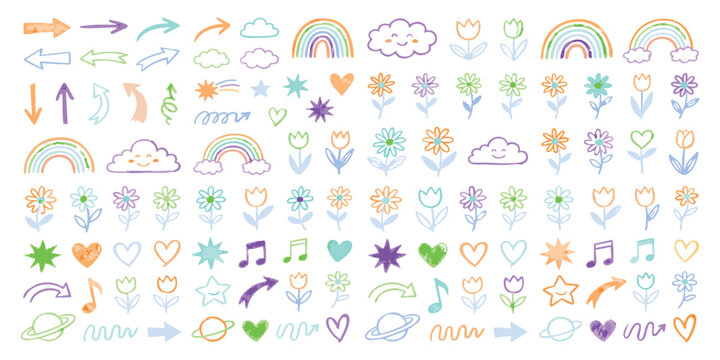 Set of cute hand drawn doodle icons including rainbows clouds flowers stars arrows and hearts in pastel colors