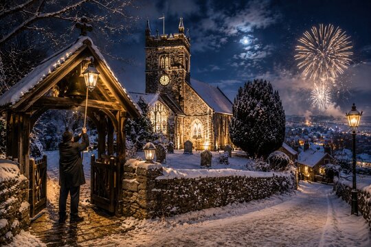 Verschneite englische Dorfkirche in der Silvesternacht mit Glockenl&auml;uten und Feuerwerk &uuml;ber einer idyllischen Winterlandschaft, beleuchteten H&auml;usern und historischem Kirchhof.