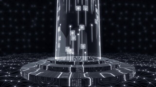 White color Motion graphic of AI and brain icons floating in digital interface with tech grid mother board data transfer futuristic plexus design black technology 3D background