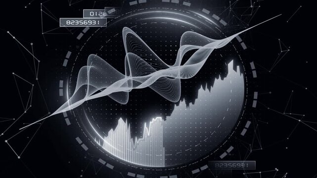 White color bar chart with growing business concept advanced data analysis with sound waves and plexus design loopable black technology black background