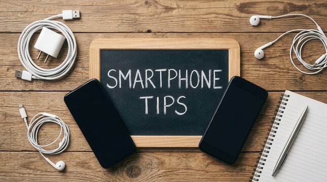 Digital device usage guide featuring a smartphone, USB adapter, and charger cable on wooden surface.