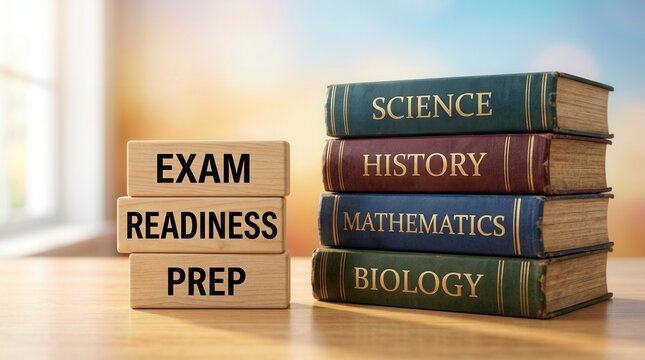 Stacked textbooks including biology, mathematics, history, and science for student exam readiness prep and academic achievement.