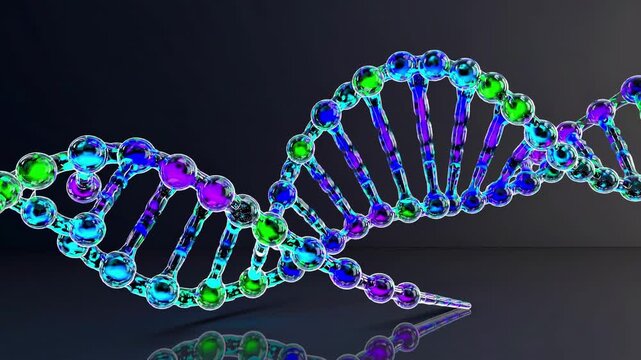 scientific static dna helix on dark background side view digital rendering educational research green blue vivid clean modern resource web banner poster copyspace period period period.