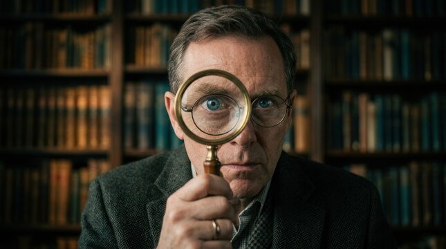 Research findings and valuable information being analyzed by a knowledge producer with a magnifying glass.
