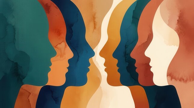 A colorful conceptual artwork showing diverse profiles to symbolize social interactions and behavior.