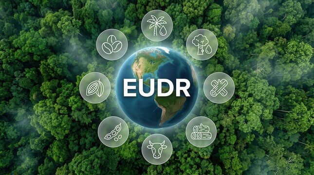 Sustainable trade and forest protection concept featuring Earth and icons for coffee, cocoa, soy, cattle, rubber, wood, and palm oil.
