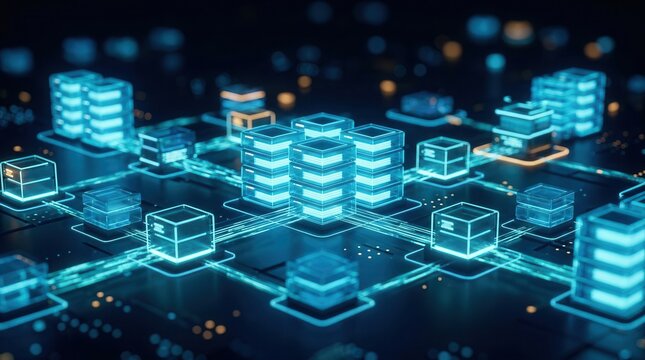 Database migration visualization featuring network topology and glowing server stacks with data flow.