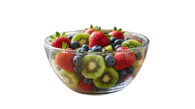 A glass bowl filled with a colorful mix of fresh strawberries, blueberries, and kiwi slices isolated on transparent background