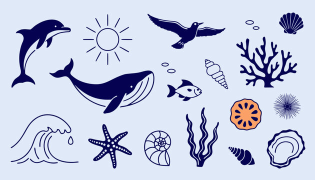 Marine life collection with dolphin whale fish and seagull against bright sun and blue waves concept