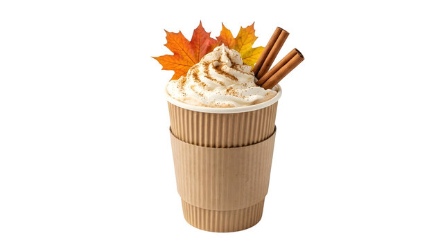 A brown paper disposable cup with whipped cream and cinnamon sticks on a transparent background