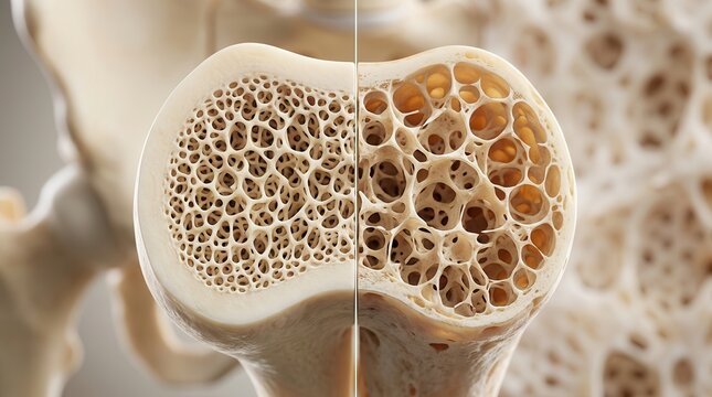 Side-by-side medical illustration of bone density showing healthy versus osteoporotic bone.