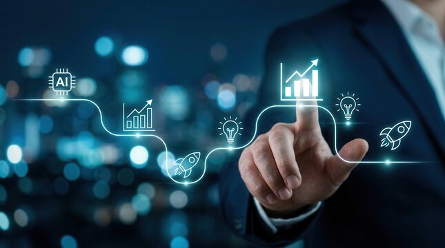 A hand interacts with a digital interface displaying AI investment and productivity icons for future growth.