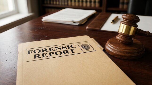 Legal evidence documentation including a forensic report and gavel for litigation case preparation.