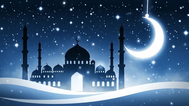 Mosque silhouette crescent moon starry night illustration, blue gradient sky sparkling stars background, festive ramadan holiday atmosphere