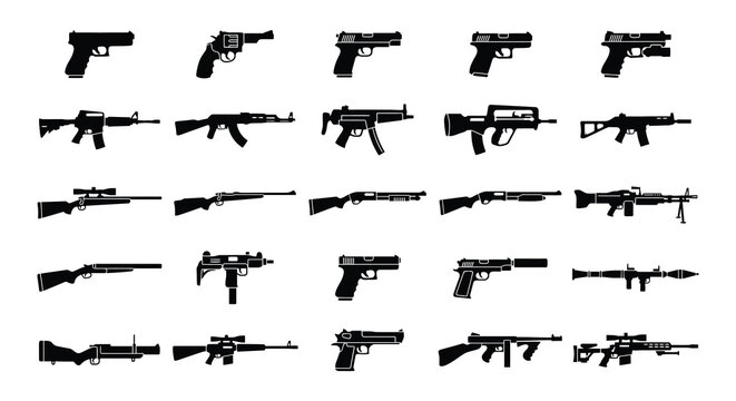 Firearm Silhouettes Black Vector Illustrations On White Background